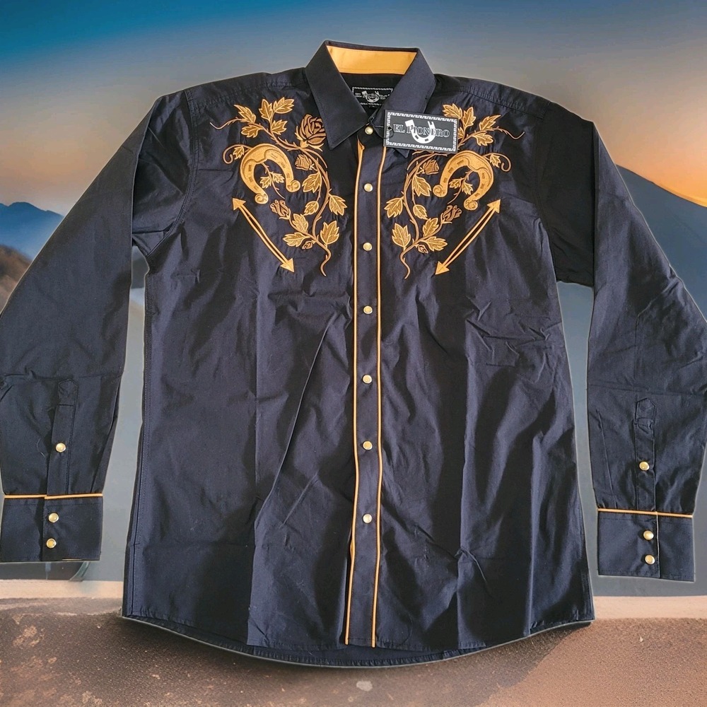 NWT El Pionero Shirt Mens Large Black Embroidered Pearl Snap Long Sleeve Western